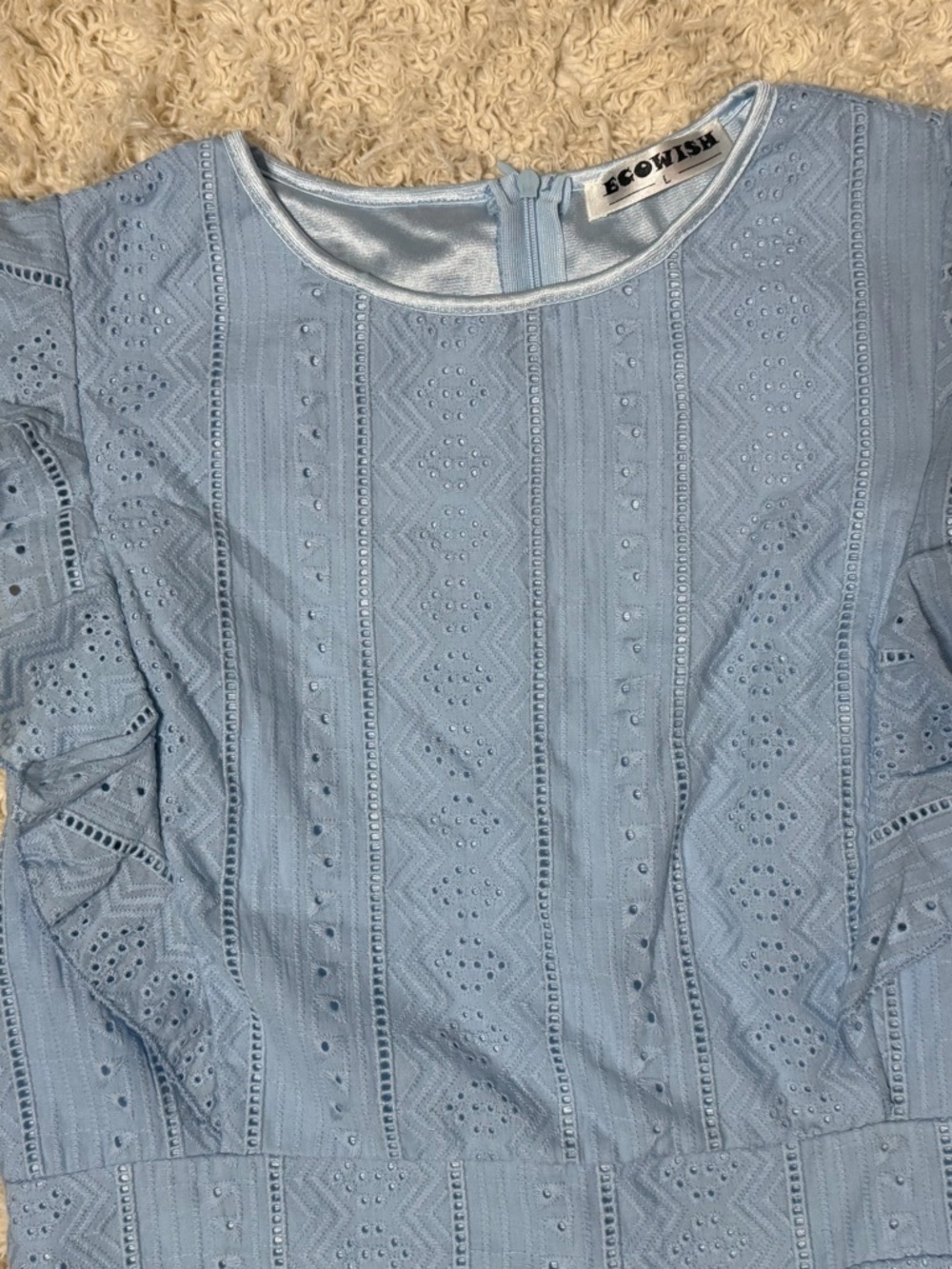 NWOT women’s size large Ecowish Light Blue Eyelet Ruffle Sleeve Dress - Picture 6 of 9